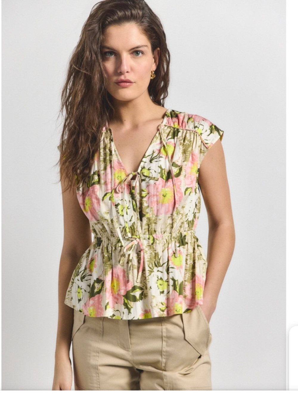 Derek Lam floral V-neck double tie peplum top in pink and green